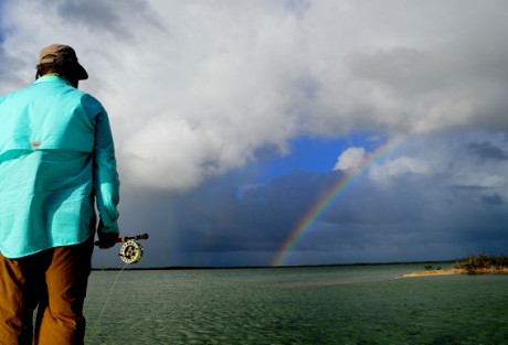 Fly fishing the flats with rainbow.