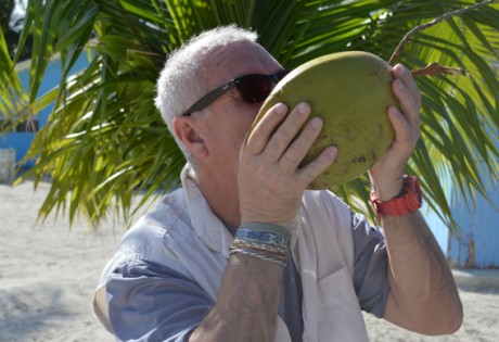 Drinking coconut water in the Bahamas.