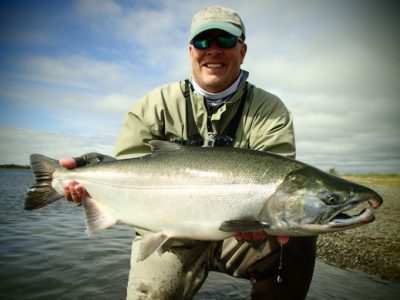 Fly fishing for silver salmon at Alaska West.