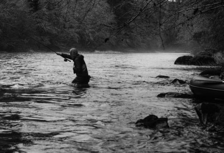Kyle Shea spey fishing for steelhead by Nick Chambers.