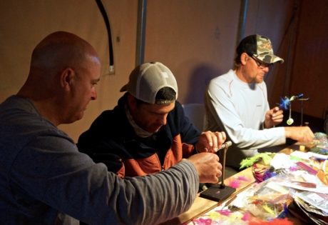 Jerry French and Stuart Foxall fly tying at Alaska West.