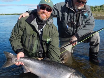 Fly fishing for king salmon at Alaska West.
