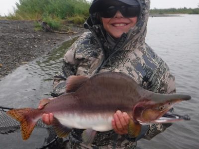 Cooper White with a pink salmon
