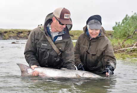 Kathy Whiting with a big king salmon from Alaska West